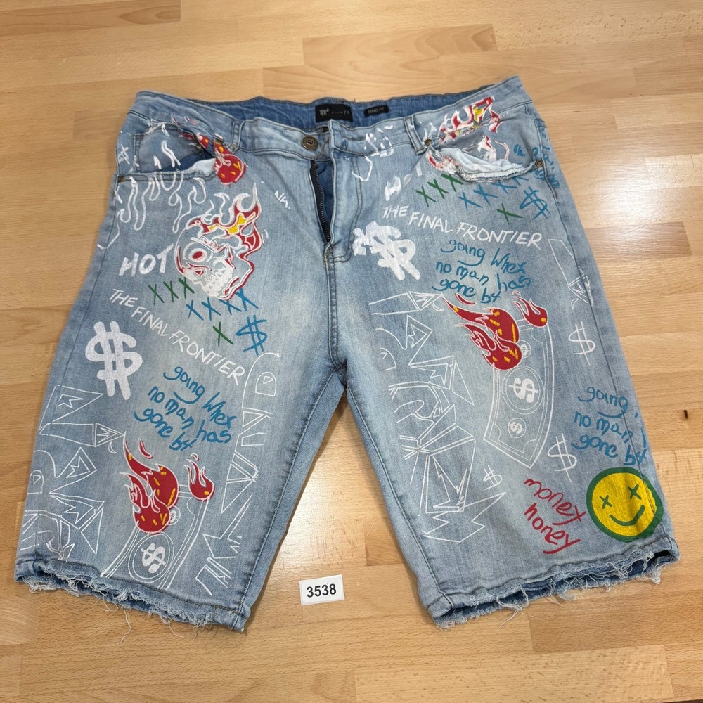 Waimea Men's Denim Shorts Size 40 Light Wash Novelty Graphic Print Skinny Jorts